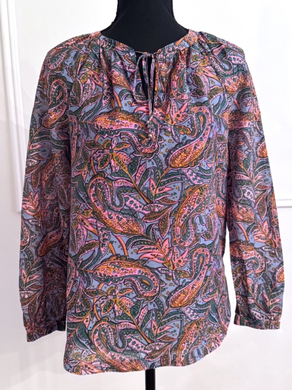 J.Crew Size 00 Cotton Silk Paisley Peasant Blouse Blue Pink Tie Neck Long Sleeve
